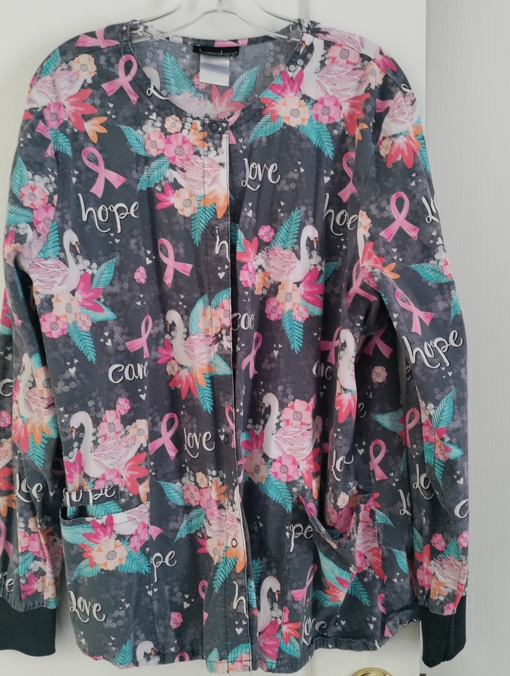 Cherokee Breast Cancer Awareness Floral Swans Gray Print Scrub Jacket 2XL